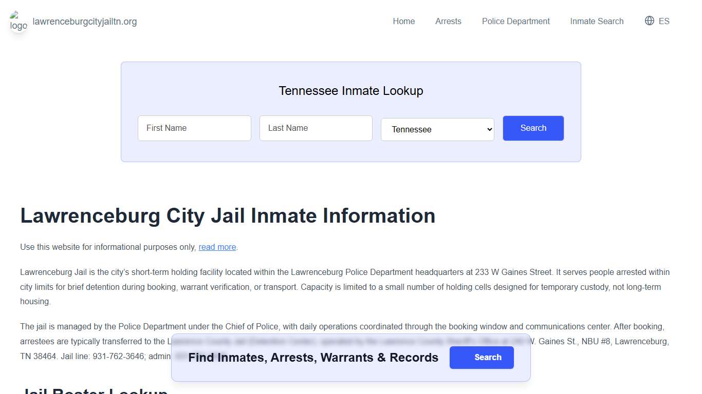 Lawrenceburg Jail, TN Inmate Roster, Municipal Jail Info